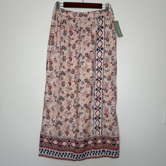 NWT Coldwater Creek Linen Midi Skirt XS Pink Aztec Tribal Boho Floral - Picture 1 of 12